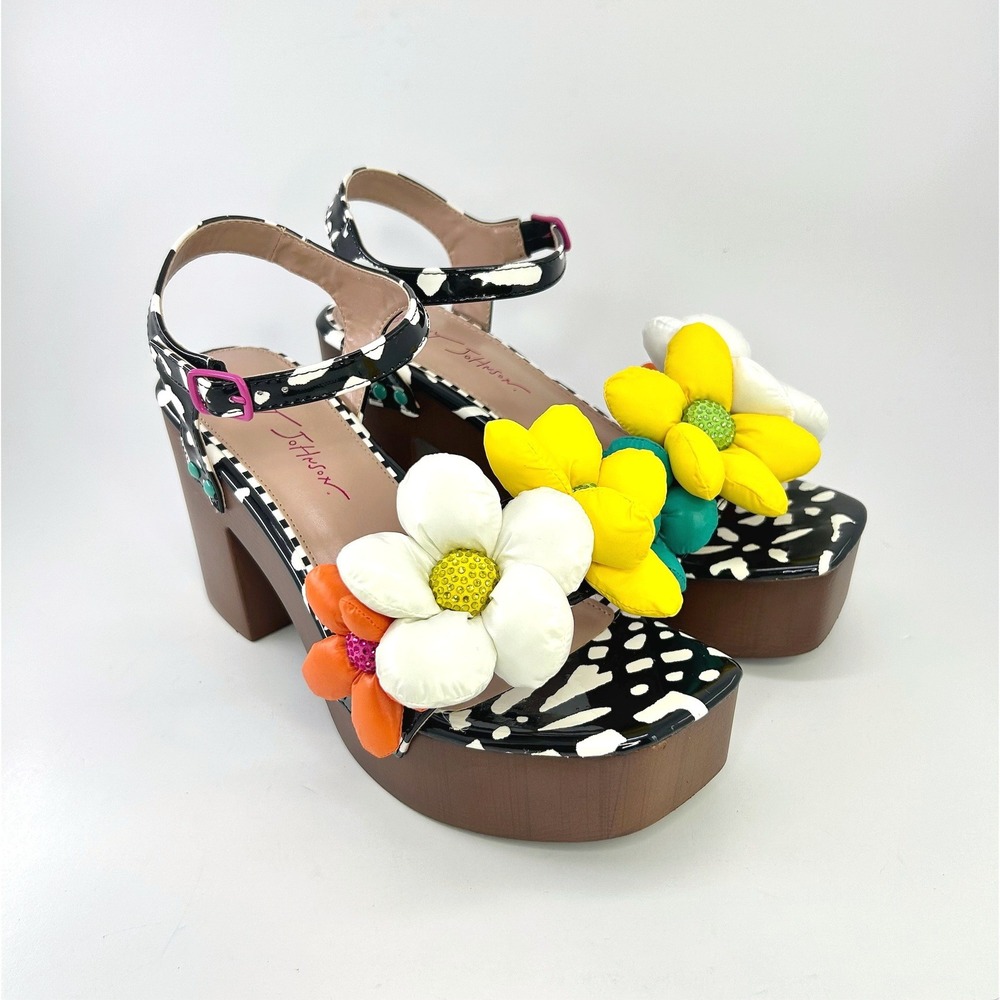 Betsey Johnson Kinslee Floral Platform Sandals Black Multi Block Heel 8 Festival